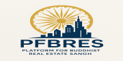 PFBRES logo showing a golden Dhammachakra behind modern city building - symbolizing Buddhist unity and real estate development.